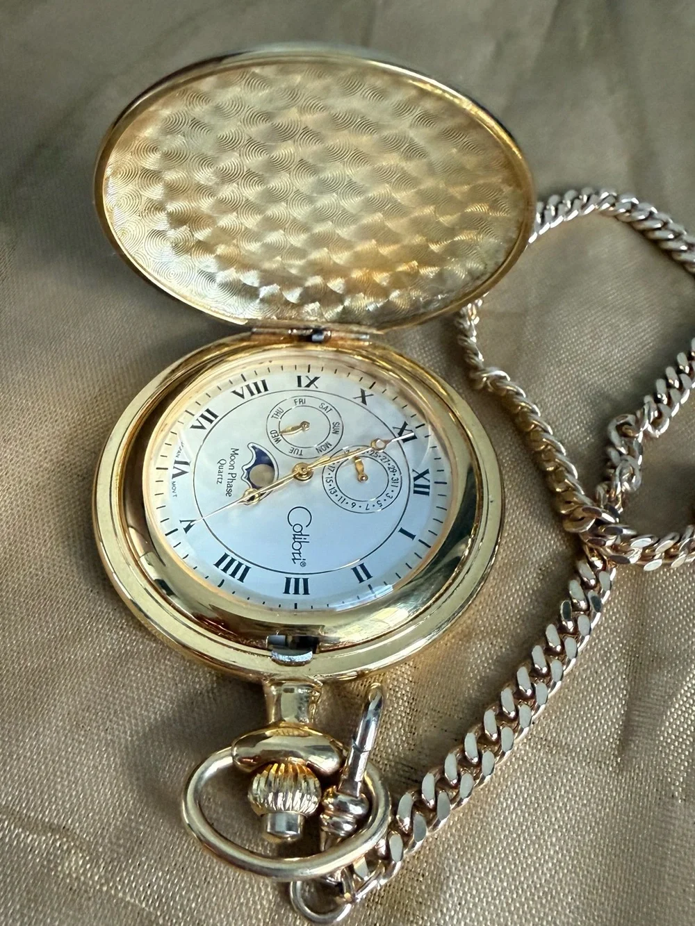 Globe Gold Pocket Watch with White Dial and Gold Chain